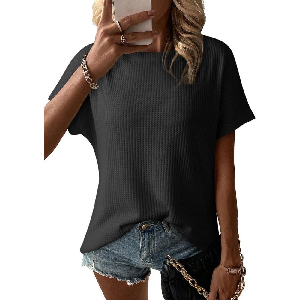 Women's Casual Waffle Knit Short Sleeve Boat Neck Loose Summer Top
